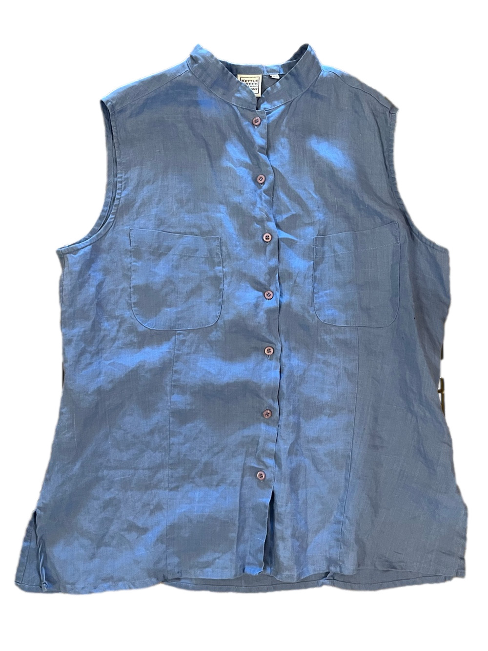 Vintage 90s Kettle Creek Linen Sleeveless Button Down Shirt Vest Blue Size 11/12